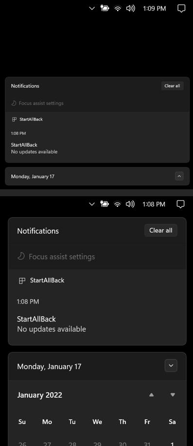 jp22382's tweet photo. @StartIsBack loving StartAllBack. Seeing a weird notification display issue when the calendar is expanded vs collapsed. Occasionally also have a problem where the calendar will not expand when the caret is clicked. Thanks! https://t.co/VayTrbY0I4