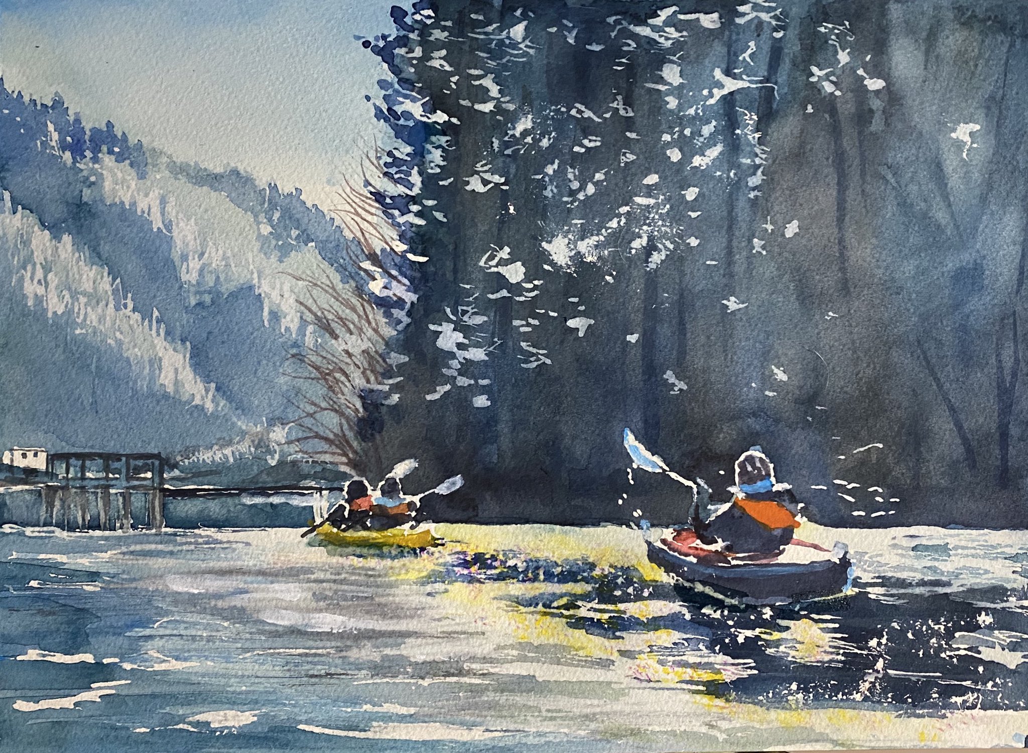 Da Vinci2 描いて見ました Water Ford 中目 F4 ダムの薄氷を割りながら 進むカヌー 太陽が林のダークブルーの シャドーに コントラスト良く 反射した湖面と共に 輪郭を映し出す とても素敵でした 竜一さん 有難う 水彩画 透明水彩 Watercolour