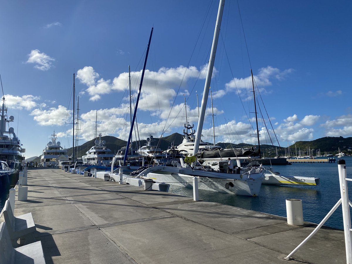 MultihullWorld's tweet photo. Two MOD70s,Powerplay and Argo here in English Harbour waiting for the start of the Caribbean 600 in February. Should be a great race and a good view of the start and finish from our #Broadblue Rapier 550 https://t.co/d8wJBZ48Zy