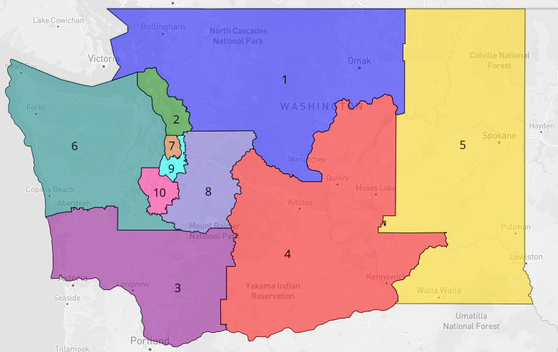 lad_map's tweet image. Here's a fair map of Washington. I wish the commission adapted this map as it is a lot cleaner and serves communities of interest better than the adapted map. It has 3 Trump districts and 2 competetive districts. #ElectionTwitter