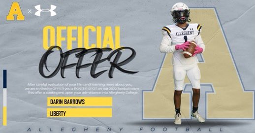 DarinBarrows's tweet photo. Blessed to have received an offer to play @AlleghenyFB. Thank you Coach @CoachV_AC for this opportunity!! @CoachPerrone @DaveYanak @LibertyFBLions @lion_liberty @Coach_JBeard @gridironarizona @JUSTCHILLY https://t.co/0qabJSk4ti