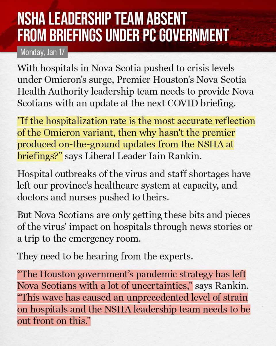 Today we issued a press release calling on the Houston government to bring their NSHA leadership team forward to address Nova Scotians on the current status of our healthcare system as it faces the current Omicron wave. #nspoli