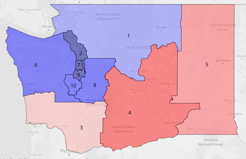 lad_map's tweet image. Here's a fair map of Washington. I wish the commission adapted this map as it is a lot cleaner and serves communities of interest better than the adapted map. It has 3 Trump districts and 2 competetive districts. #ElectionTwitter