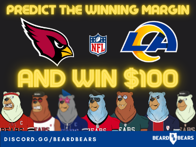 How about a little something different this evening? 

Fancy winning $100? 

Here's how

1. RT this post
2. Reply by predicting the margin between the <a href="/RamsNFL/">Los Angeles Rams</a> and <a href="/Cardinals/">St. Louis Cardinals</a> (eg. Rams by 6)

Correct answers will go in to a draw for the prize!

#nfl #beardbears #NFTs #ETHgiveaway
