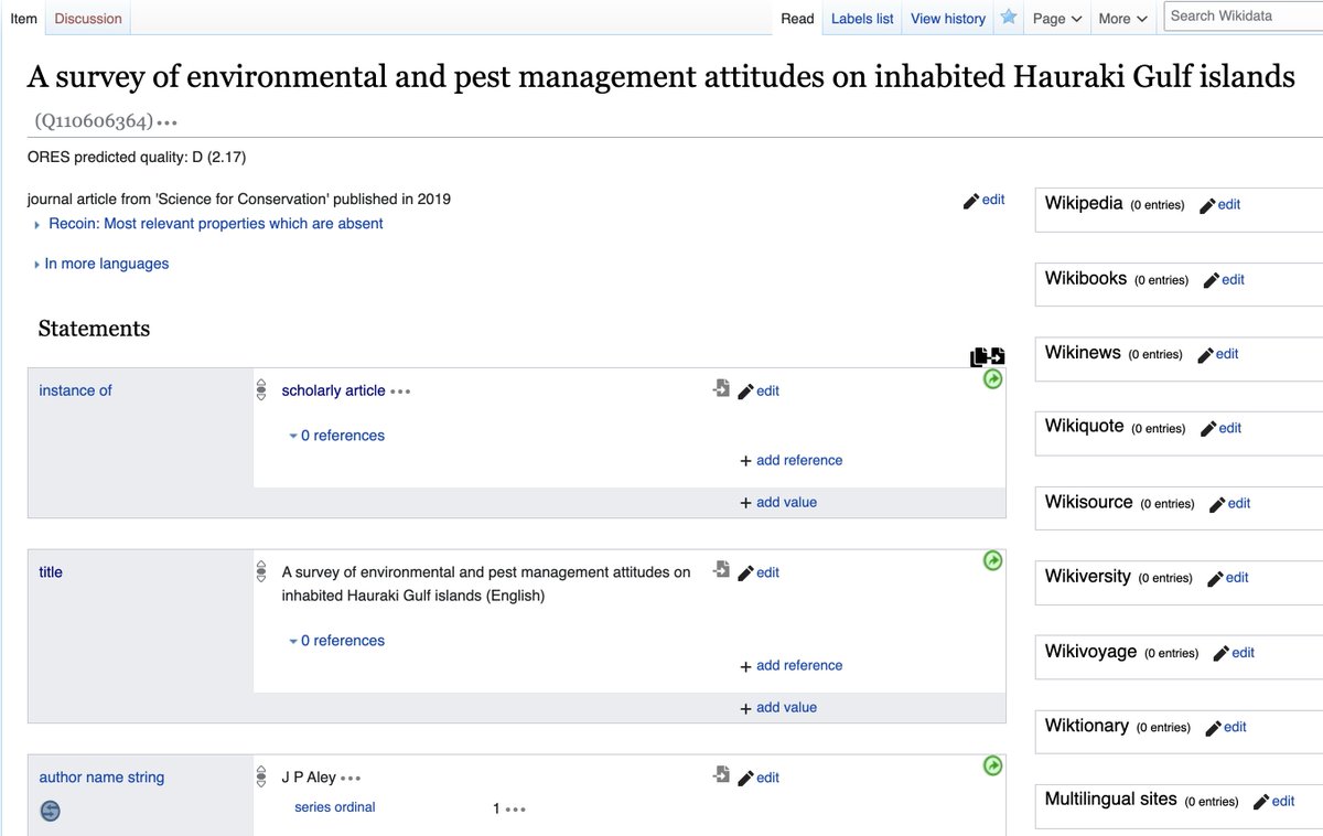 SiobhanLeachman's tweet image. I&apos;ve decided on my #1Lib1Ref &quot;theme&quot; for this year. I&apos;m going to be using @docgovtnz publications - uploading metadata to #Wikidata, checking the url for the publication is archived in the @internetarchive wayback machine, &amp;amp; using the CiteQ template to cite them in #Wikipedia.
