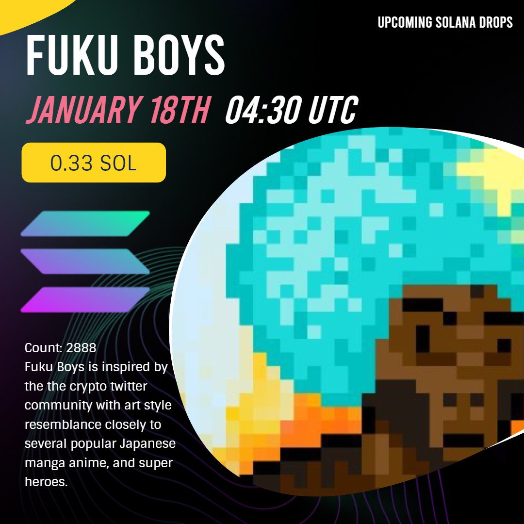 solannft's tweet image. Fuku Boys🤩
🗓Upcoming Date: December 18th
⏱Time: 04:30 UTC
💰Price: 0.33 SOL
@FukuBoys 
#NFTdrop #NFTCommmunity #nftcollector #nftphotography #Solana #SolanaNFTs #SolanaNFT