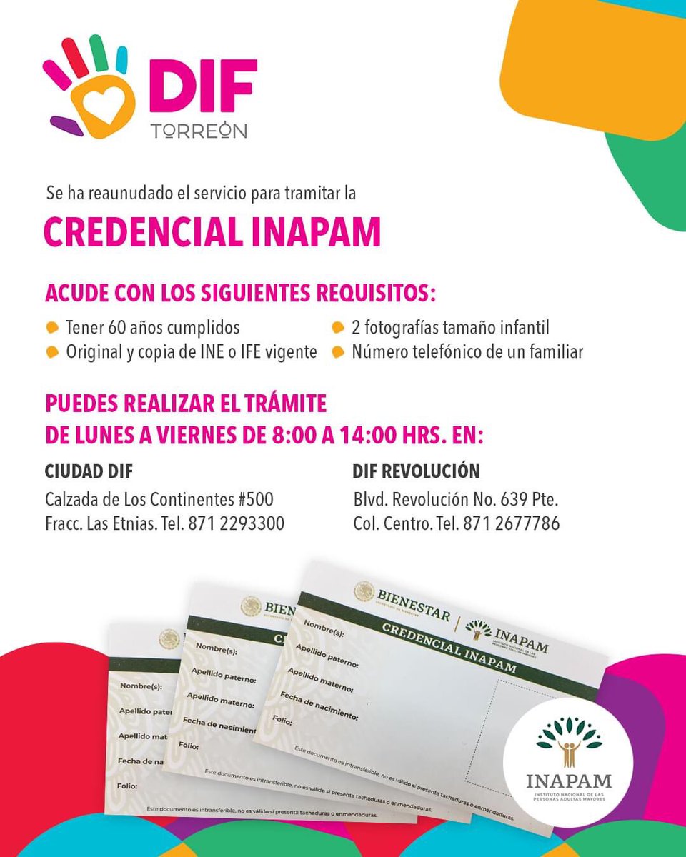 DIF TORREÓN ya tiene disponibles tarjetas INAPAM!!   Acude por la tuya a Ciudad DIF o DIF Revolución en horario de 8:00 AM - 2:00 PM. 

#TorreónSiemprePuede
#YDIFTorreónTambién