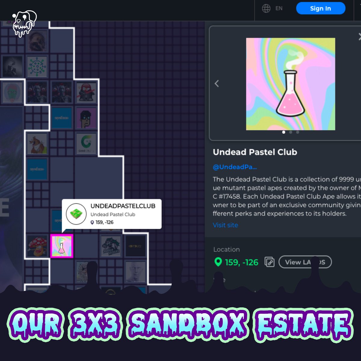 The Undead Pastel Club acquired a massive 3x3 estate in Sandbox yesterday in a deal evaluated at 39.9 ETH! The land is located near the Whale.Me mega-land, in a prime location. Holders will be able to meet in this Metaverse land once Sandbox fully launches!🧟‍♂️