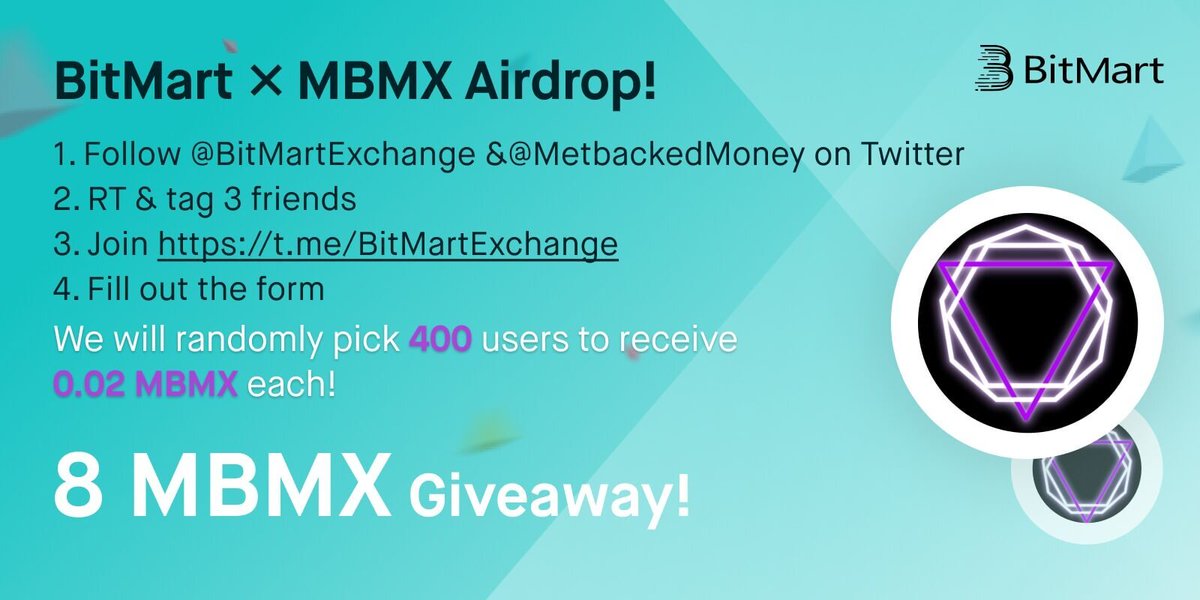 🎉To celebrate <a href="/MetbackedMoney/">dude peoples money</a> listing, we’re giving away 8 MBMX !
 
1⃣ Follow <a href="/BitMartExchange/">BitMart</a> &amp; <a href="/MetbackedMoney/">dude peoples money</a>
2⃣ RT and tag 3 frds
3⃣️Join t.me/BitMartExchange
4⃣️Fill forms.gle/szcoyL9rEQ8MBj…
 
✨400 lucky winners receive 0.02 MBMX each !
⏰Enter by 11:59 PM EST Jan 20