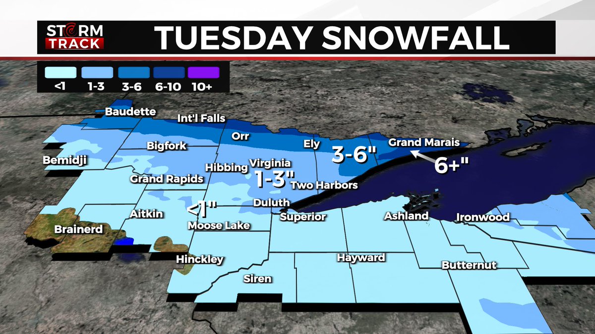 Northern Minnesota and the North Shore could see some significant snowfall on Tuesday. Details here: https://t.co/eBoeEpy7CT https://t.co/tckDBRIr6T