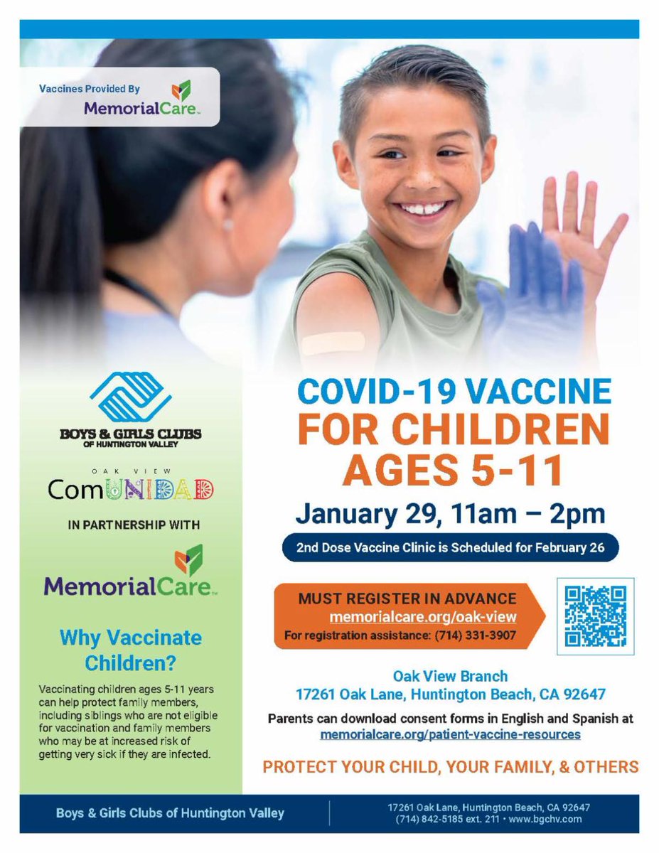 Parents, your child ages 5-11 can get the Pfizer COVID-19 vaccine at the Boys &amp; Girls Club's Oak View Branch on Saturday January 29th from 11am - 2pm. Advance registration is required. You can sign up at memorialcare.org/oak-view
#bgchv #greatfutures #covidvaccine #oakview #huntin