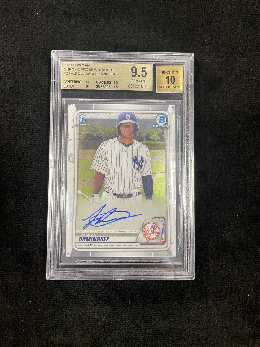 FREE GIVEAWAY TIME… a little bigger this time!! 2020 Bowman Chrome Jasson Dominguez Auto BGS 9.5!! Good luck to everyone!

To enter:
1) Retweet this tweet
2) Follow <a href="/CouleeCards/">Coulee Cards & Breaks</a> 
3) Tag three fellow collectors
4) Winner announced 1/23