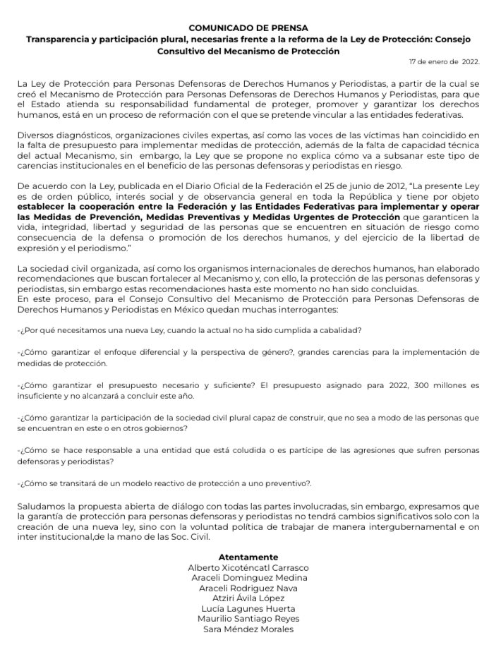 COMUNICADO | Transparencia y participación plural, necesarias frente a la reforma de la Ley de Protección: Consejo Consultivo del Mecanismo de Protección <a href="/CMecanismo/">ConsejoMecanismo</a>