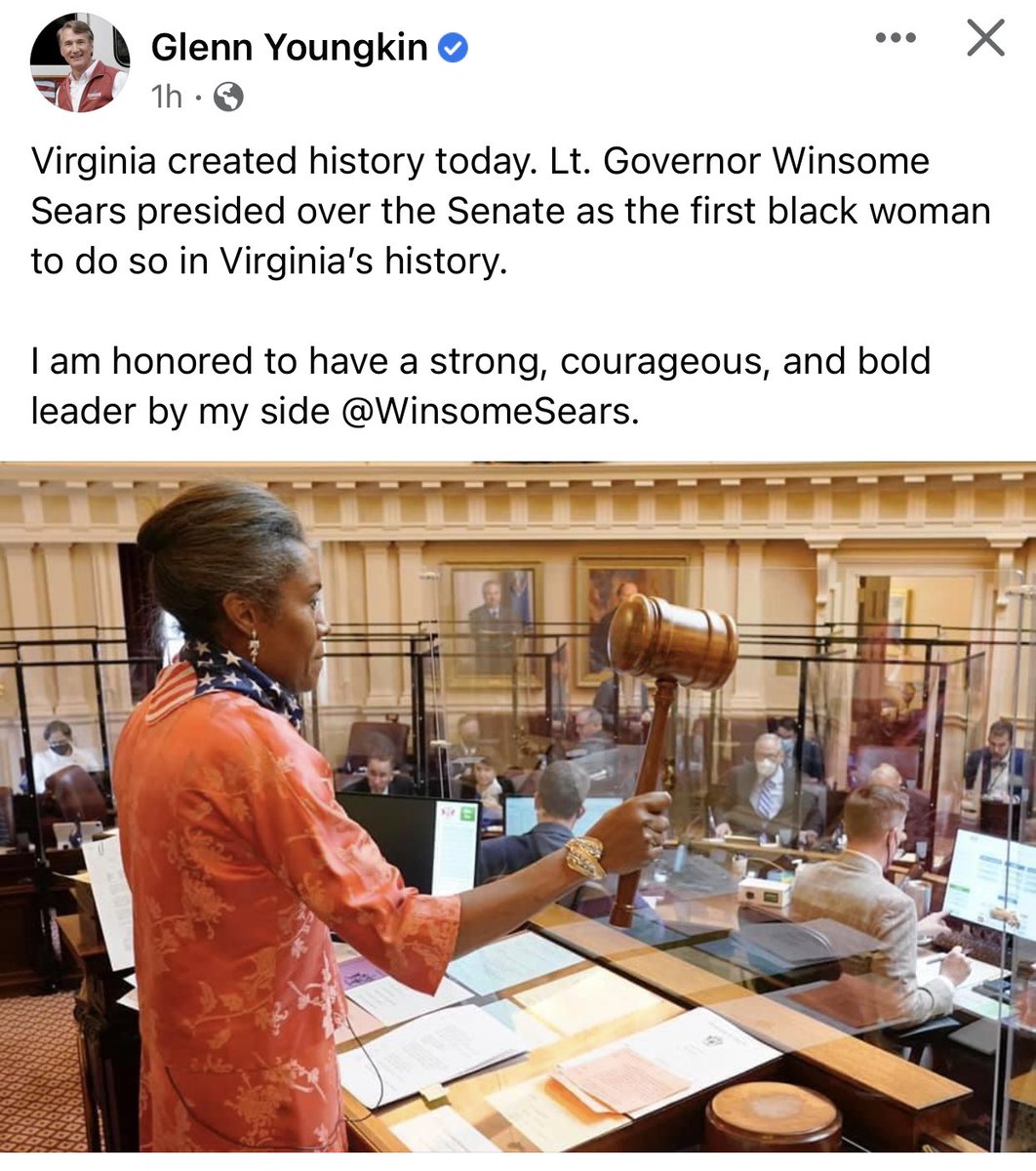 kimmmychanga's tweet photo. Today, for the 1st time in Va’s HISTORY a black woman presided over the Senate. A #REPUBLICAN. The Democrats could have had the honor of breaking this barrier multiple times - but didn’t. On this day, the great #MLK would be so incredibly #proud. #MLKJr #WinsomeSears #EverForward https://t.co/e6eOqXrXqK