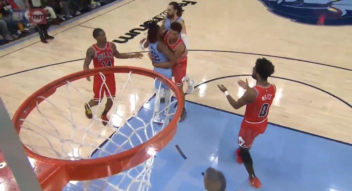 mollyhannahm's tweet photo. not to be dramatic but steven adams picking up tony bradley and carrying him away like a child after he gets into it with ja morant is the funniest thing i have ever seen https://t.co/XIOFLqFWjd