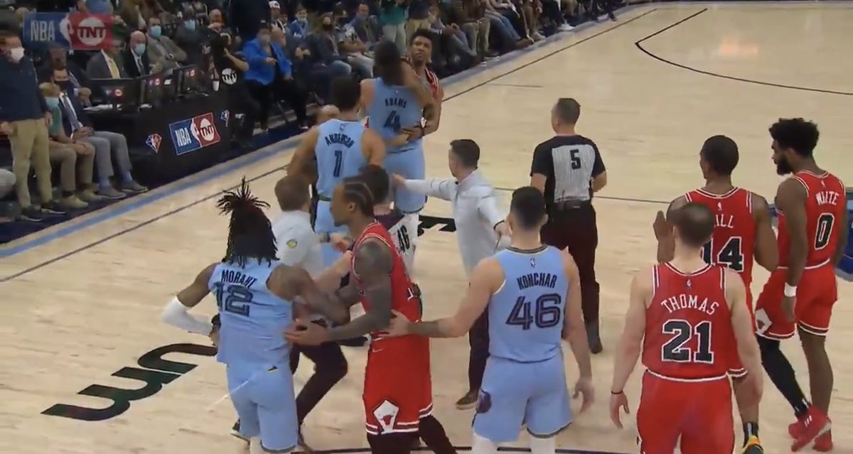 mollyhannahm's tweet photo. not to be dramatic but steven adams picking up tony bradley and carrying him away like a child after he gets into it with ja morant is the funniest thing i have ever seen https://t.co/XIOFLqFWjd