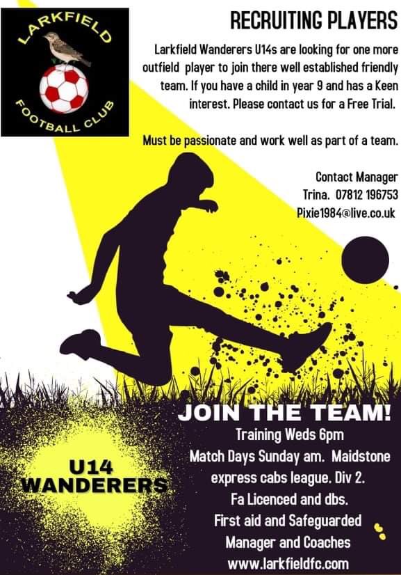 𝑷𝑳𝑨𝒀𝑬𝑹𝑺 𝑾𝑨𝑵𝑻𝑬𝑫!

Under 14 Wanderers

Looking for one more outfield player to complete the squad.

Contact details are all on the poster - Please get in touch 🟡⚽⚫