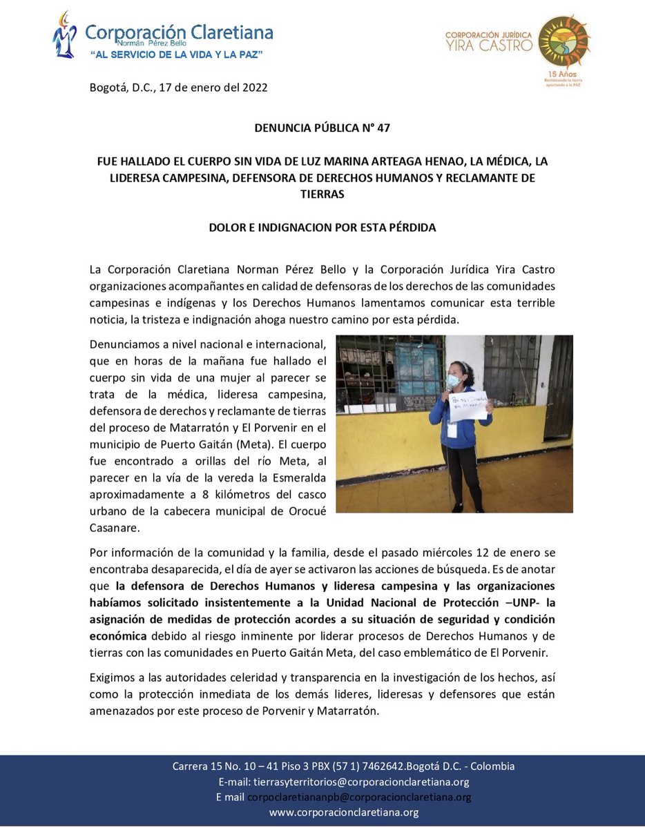 Santialarconu's tweet photo. Mataron a Doña luz Marina Arteaga.
La mataron por exigir Justicia para ella y para su gente. 
La mataron por ser líder social y defender los derechos humanos.
Mataron a la médica.
Mataron a una madre. https://t.co/WM867Kzy4v
