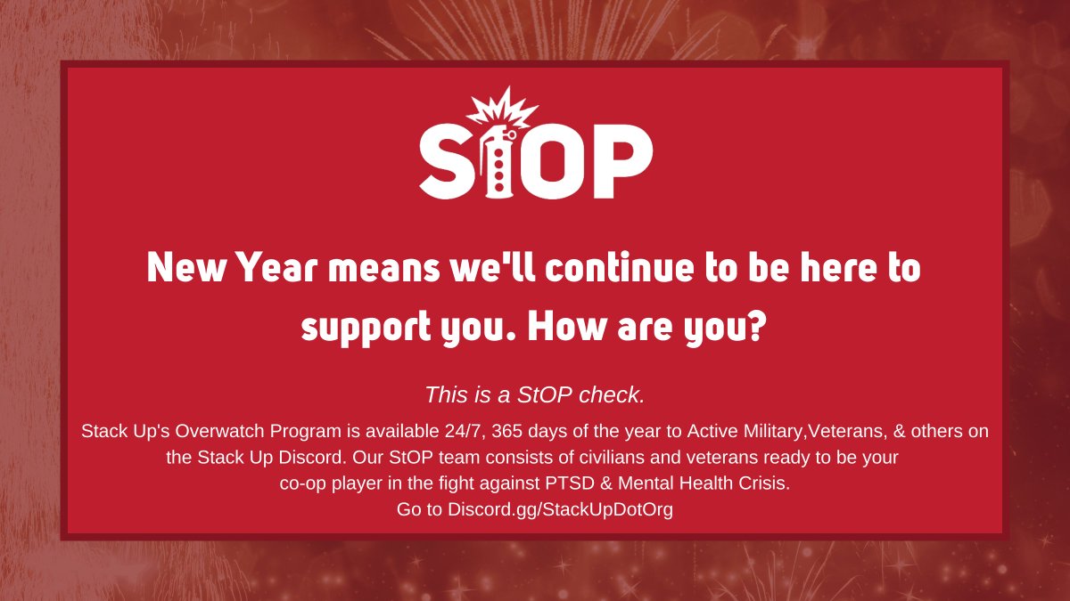 New year, new StOP checks, same mission to aid you with your mental health through our Overwatch Program. 

We're here 365/24/7 to help you in crisis.
discord.gg/stackupdotorg