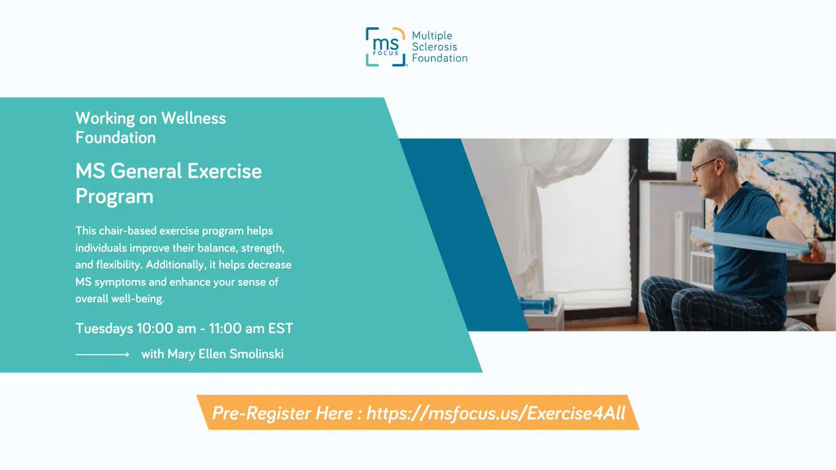 MS_Focus's tweet photo. Don't forget! Tomorrow at 10 am, we provide a virtual MS exercise class hosted by Mary Ellen Smolinski of the Working on Wellness Foundation. 

To join, please sign up by clicking this link:https://t.co/ZEY4JrjMd4

#msfocus #msexercise #mswarrior #stillsmyelin #msfit #msfitness https://t.co/HjSozSneoG