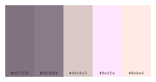 ColPaletteBot's tweet photo. Beep beep, here's a pretty color palette for you! 

color-scheme.js parameters used: 
- hue: 167
- variation: pale
- colors: #80737f, #897b88, #d9c8c3, #ffe6fe, #ffebe6

Have a lovely evening!

#twitterbot #colorpalette #colors #palette #prettycolors https://t.co/72Y5YC5XqX