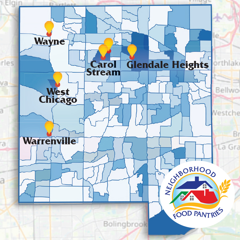 NeighborhdFP's tweet image. Our pantries are located in some of DuPage's neediest areas, providing local resources to these families in their neighborhood, close to where they live.  Help us keep our shelves filled and local families fed:  bit.ly/DonateNFP

Map colors indicate poverty by Census Tract