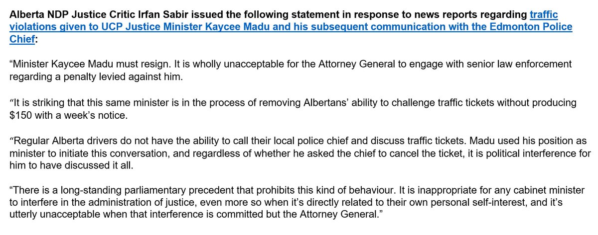 NEW: 

NDP calling for Justice Minister Kaycee Madu to resign after the CBC story that he called Edmonton's police chief after receiving a distracted driving ticket last March. 
#yeg #yyc #ableg