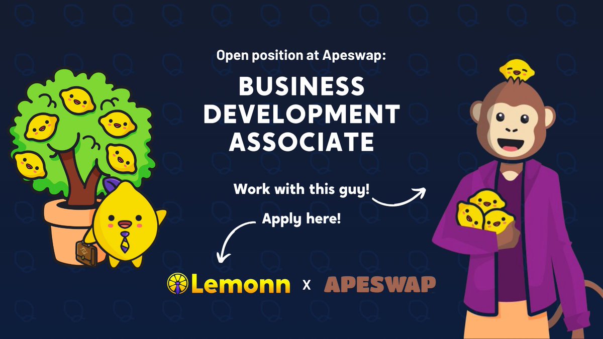LemonnApp's tweet image. New Job Listing: Business Development Associate
Employer: @ape_swap 🐵
The perfect chance to join the #ApeSwap family and @Obie_Dobo 

Read more and apply here👉 bit.ly/lemonn-41

#lemonn #lemonnjobs #remotejobs #lemonntoken #cryptojobs