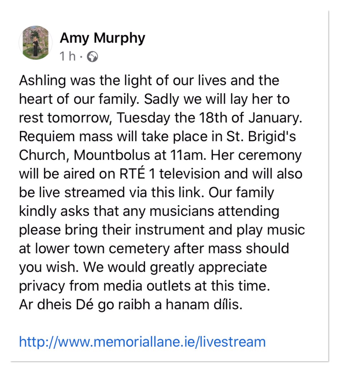 susankeoghnews's tweet photo. Ashling Murphy’s sister, Amy appealing for privacy from media outlets tonight ahead of Ashling’s funeral tomorrow #AshlingMurphy https://t.co/zD8p1dWpHM