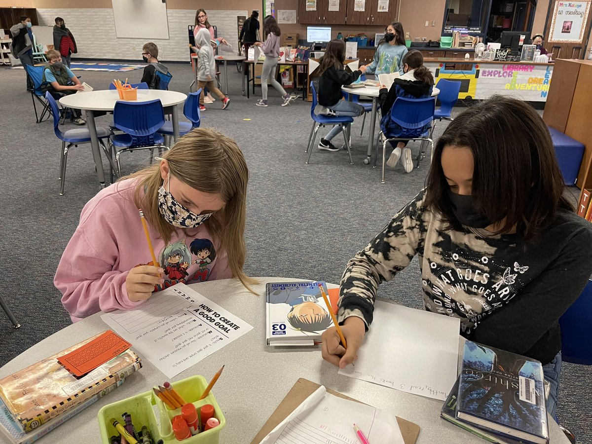 NHBookinBroncos's tweet photo. The first week back after break students set reading resolutions for themselves. We discussed setting a SMART goal that was specific, measurable, achievable, realistic and timely. #bookinbroncos #neisdlibs #elementarylibrarian @NorthernHillsES https://t.co/7F40ZTyYeC