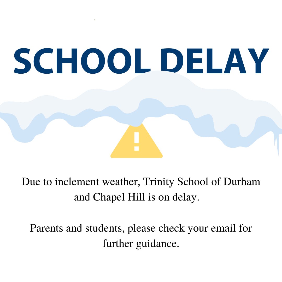 Due to the potential refreeze of roads and walkways overnight, Trinity School will have a delayed opening on Tuesday, January 18, 2022. 

School for all divisions will begin at 10 a.m. and drop-off begins at 9:40 a.m.