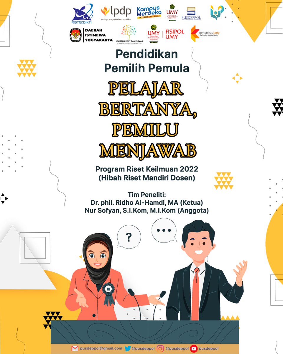 pusdeppol's tweet photo. Segera dibuka pelatihan "PENDIDIKAN PEMILIH PEMULA: PELAJAR BERTANYA, PEMILU MENJAWAB" utk mahasiswa Jogja. GRATIS!

Program riset keilmuan ini diorganisir 2 dosen @fisipol_umy, dibantu Tim PUSDEPPOL &amp; mitra @kpudiy dg pendanaan bersumber dr @lpdp_ri @ditjendikti
Cc @alhamdiridho https://t.co/Kz1ybP8I5c