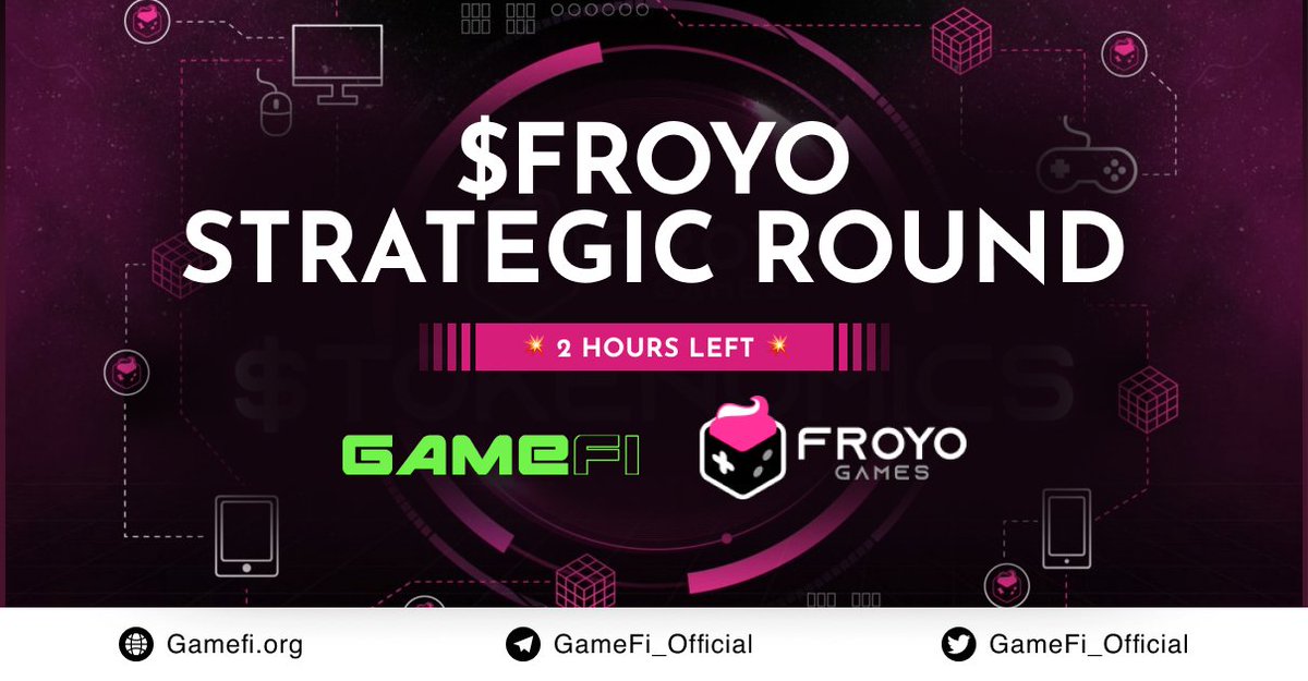 ⏰Few hours left to <a href="/realfroyogames/">Froyo Games</a> $FROYO Strategic Round sale! 

Get ready our GameFi.org friends and buy here on time👇👇
Strategic Round: hub.gamefi.org/#/buy-token/109

⌛️Buying time: 11:00 UTC

#GameFi_IGO $GAFI