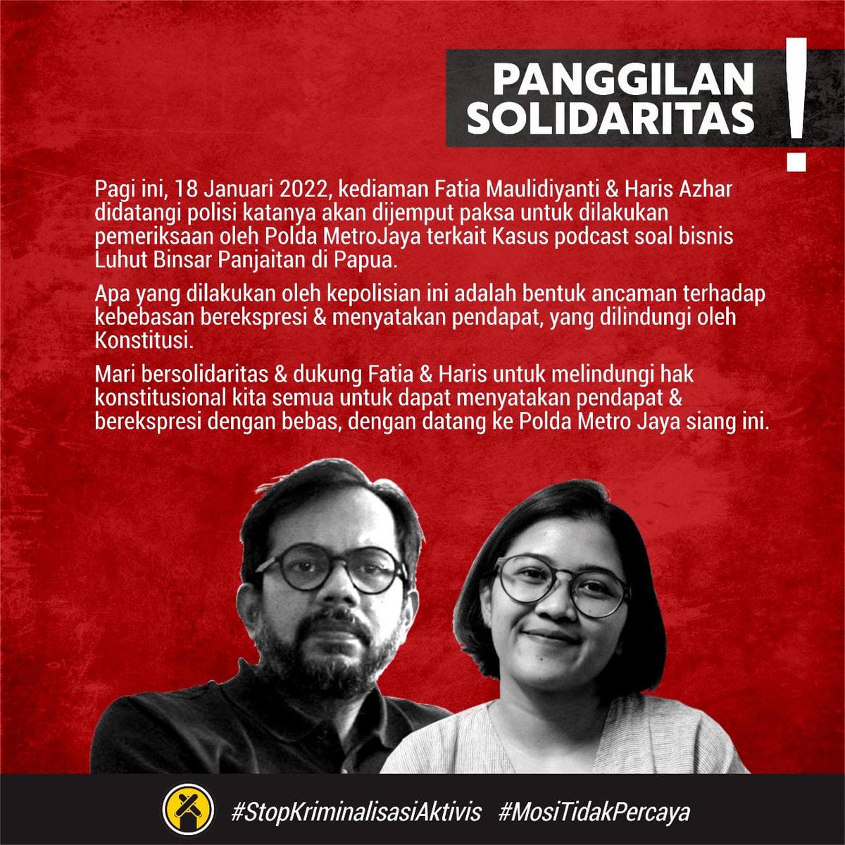 KontraS's tweet photo. Proses Pemanggilan Paksa Kepada Fatia dan Haris @haris_azhar adalah Bentuk Kesewenangan Kepolisian atas Laporan dari Pejabat Publik!
#SelamatkanKebebasanBerekspresi https://t.co/iq2mUnf3Lu