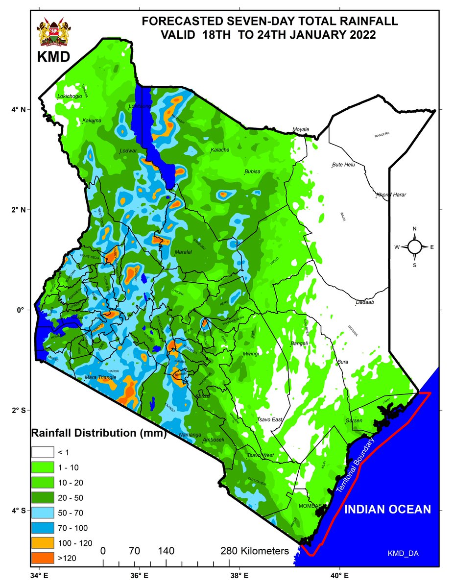 MeteoKenya's tweet photo. Forecast for 18-24 January 2022
🌧️⛈️Rainfall is expected over several parts of the country during the first half of the forecast period.
⚠️Isolated storms are likely to occur in places projected to receive more than 50mm of rainfall within one week 
Areas of more concern: Nairobi https://t.co/gPO4W4Y0vs