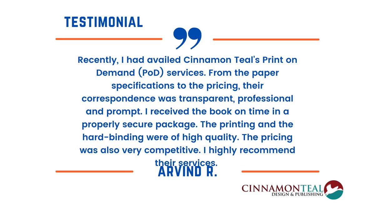 CinnamonTeal D+P (@cinnamonteal) on Twitter photo Got ourselves a nice testimonial this morning, for our Print On Demand services. We now have only a limited number of services, one of which is POD, that we offer to authors and publishers alike. Got ourselves a nice testimonial this morning, for our Print On Demand services. We now have only a limited number of services, one of which is POD, that we offer to authors and publishers alike.