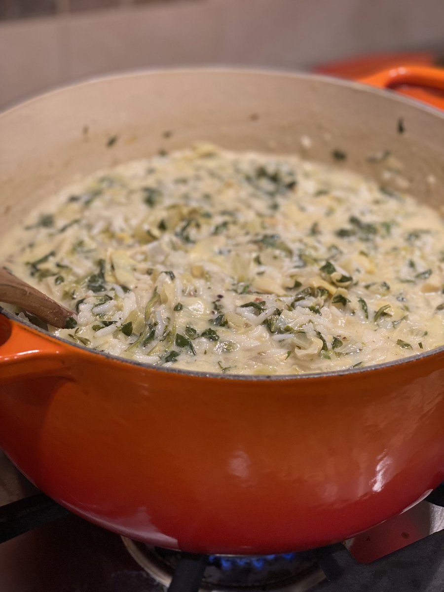 carbsley's tweet photo. recipe testing with artichoke, spinach and rice soup 🤌🏼 https://t.co/R9WTOXmrxT