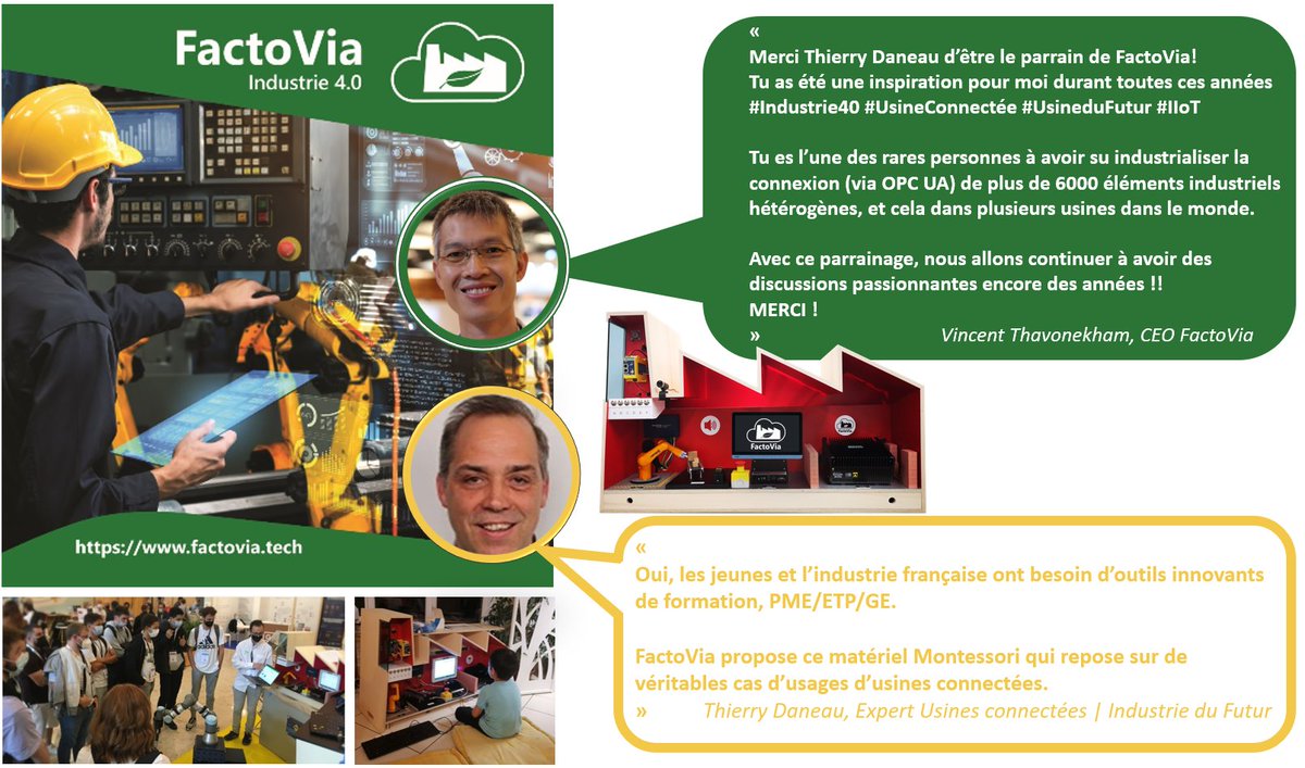 Our Godfather top expert in #Industry40 #IndustryOfTheFuture #opcua, Thierry Daneau
It proves our innovative approach is good: Montessori training material to touch not tech, but #RealUseCases from real 4.0 factories: understand intuitively and smoothly ! factovia.tech/en/about