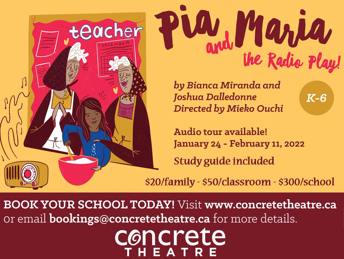 ConcreteYEG's tweet photo. Back in 2022 for a second leg of the virtual tour! Pia and Maria - The Radio Play, available Jan. 24 - Feb 11 2022 with pricing for families, per classroom or for the entire school. Book today! https://t.co/hiciGWIExa
