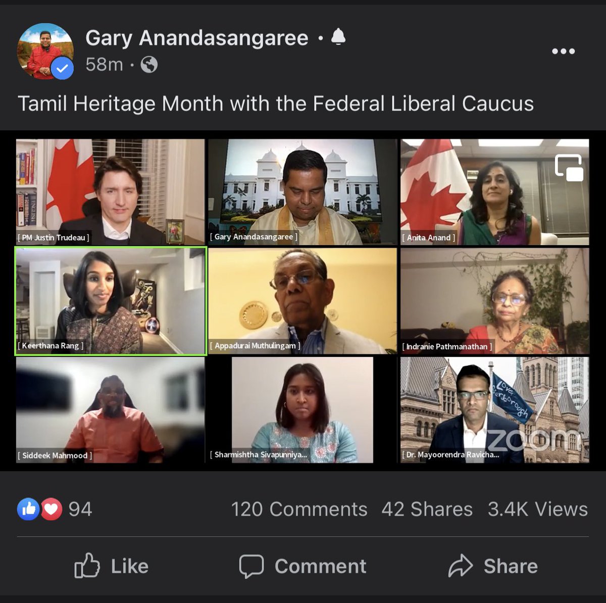 Celebrating #TamilHeritageMonth with <a href="/JustinTrudeau/">Justin Trudeau</a> and many others tonight! Thank you <a href="/gary_srp/">Gary Anandasangaree</a> for hosting and showcasing the work the community has done on the <a href="/_TamilCentre/">TamilCommunityCentre</a> in 2021:
✅ $26.3M in government funding 
✅ First designs of the building 
✅ Registered charity