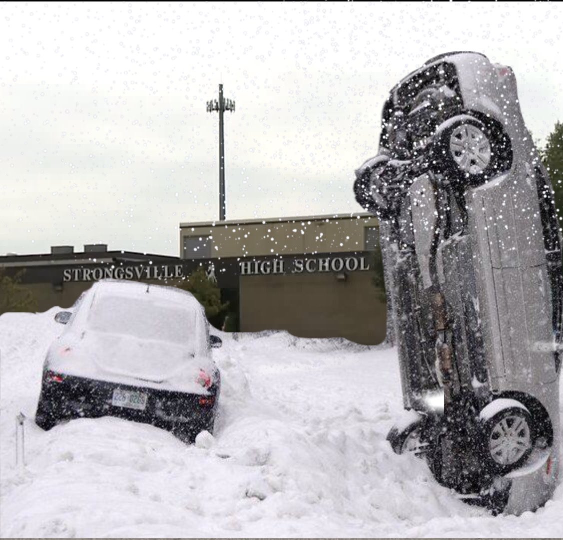 drewpolenske's tweet photo. @strongsvillecs this is a (real) live look outside of strongsville high school. the roads are treacherous and kids will have to dig their way to the school starting in the junior lot. to keep students safe from the weather i believe a snow day tomorrow is required. https://t.co/Dane76Kvhm