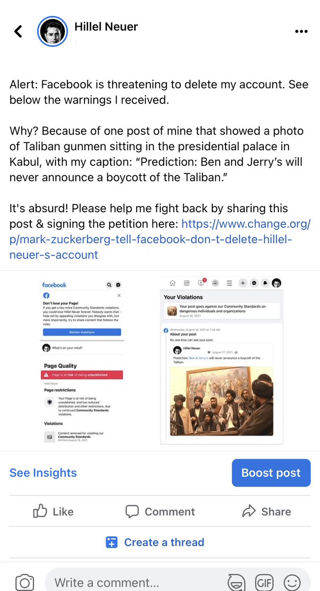 HillelNeuer's tweet photo. When Facebook asks you to buy ads to boost your post about how Facebook is threatening to delete your account. All too Meta. https://t.co/ahO6HrMtwC