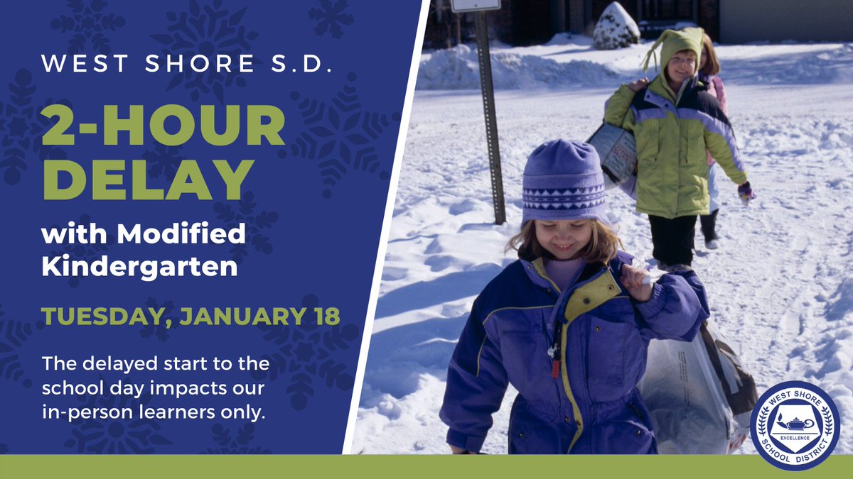 2 HOUR DELAY: Due to the potential for refreeze and snow drifting throughout our District, all schools will operate on a two-hour delay with modified kindergarten on Tuesday, January 18, 2022. ExCEL Virtual Learning Academy and CAOLA Students will follow their regular schedule.
