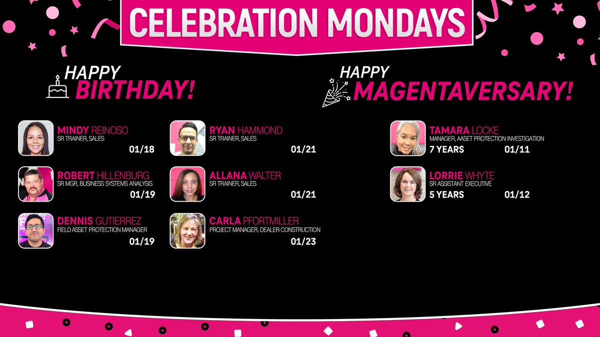 Happy Birthday and Happy Magentaversary to this week’s #CelebrationMonday folks from the #NFO team. Join me in giving them a special shoutout! 🥳