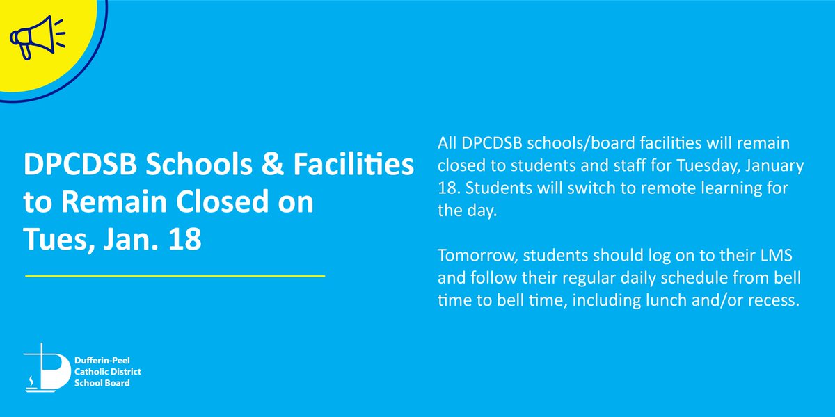📢System Closure Extended:
Due to the significant amount of snowfall today, ALL DPCDSB schools/board facilities will remain closed to students/staff for tomorrow, Jan 18. Students will switch to remote learning for the day.

➡Please read for more details: ow.ly/ZtY050HwtX0