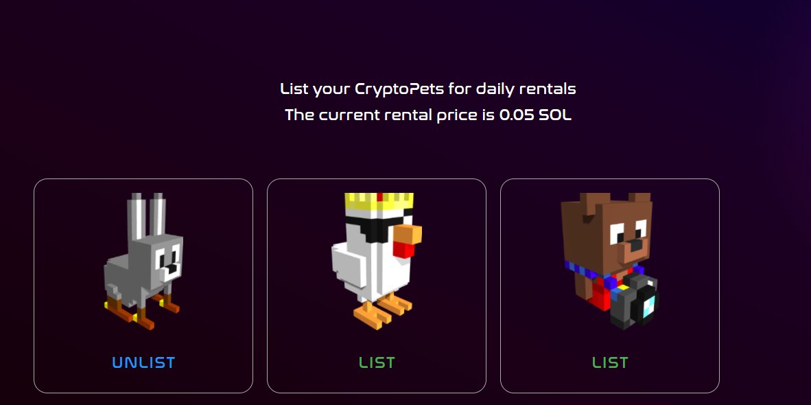 The time has come! 

Last week we introduced our betting lobbies 😎
We release today our rental feature in #cryptodash!👀

Head there to list your pet and play the game: cryptopets.tech/cryptodash/#/ 

Earn $SOL by dashing and renting💫
