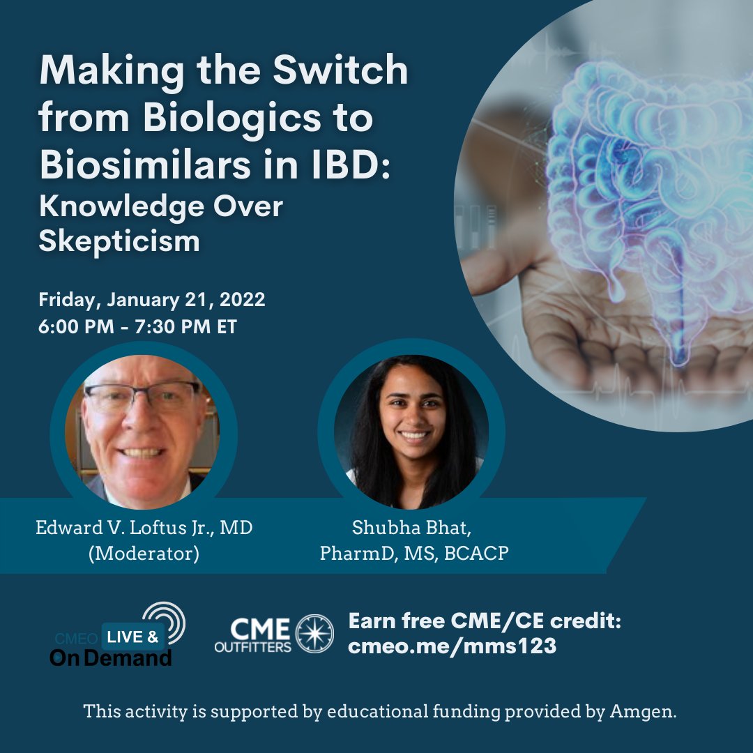 cmeoutfitters's tweet photo. 💻: Live Virtual Symposium from #CCCongress22 + 🆓 CME/CE credit
🗓️: Jan 21 @ 6-7:30p ET
👨‍⚕️: @EdwardLoftus2 &amp; @GI_PharmD
🔗: https://t.co/UPLOV46V0F

#GITwitter #WomeninGI #IBD @WomeninEndo @blackingastro @drkeithsiau @MRegueiroMD @SophieBalzoraMD @MLongMD @IBD_Afzali @DCharabaty https://t.co/B31fcfIdJn