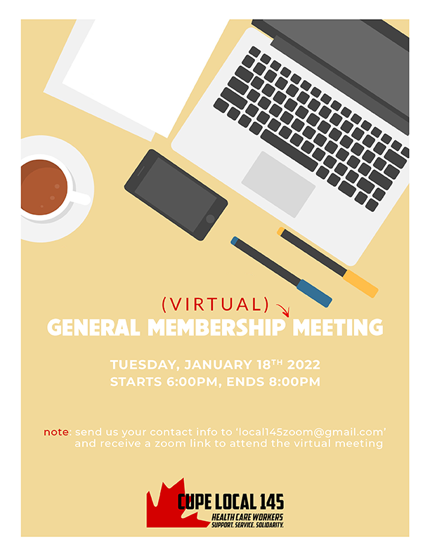 CUPELocal145's tweet photo. Just a friendly reminder that our FIRST General Membership Meeting of the year will be held tomorrow night, Tuesday January 18th 2022 @ 6:00pm! 

As always, to receive a special zoom link, please send your contact info to 'local145zoom@gmail.com'. https://t.co/54pq2JZoDU