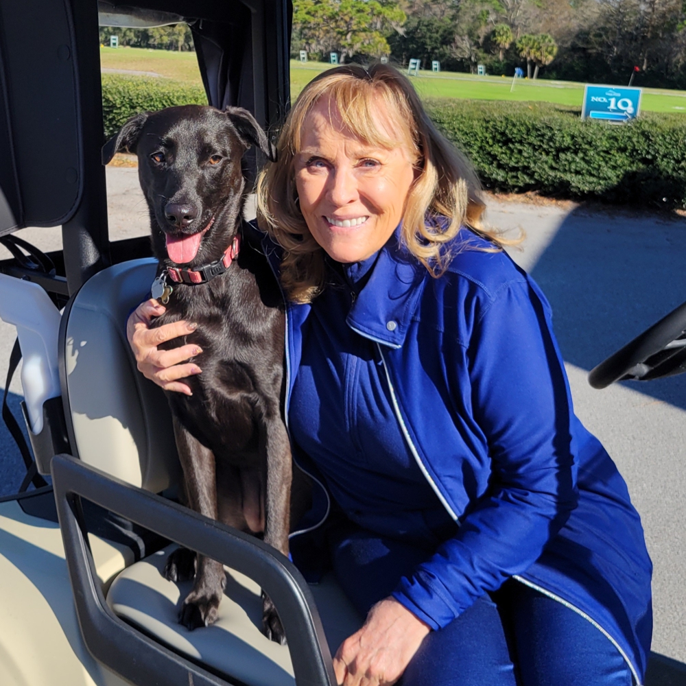 Hall of Famer Jan Stephenson rides &amp; Bailey runs alongside the cart at Tarpon Woods Golf Club in Palm Harbor. Celebrate the legendary Betty White,by donating now to an animal rescue charity.  #bettywhitechallenge #legendsofthelpga #lpgalegends #humanesociety #petcolove