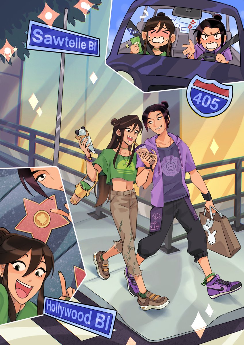 ginsays's tweet photo. my full piece for ⁦@sctravelzine⁩ !! the boys enjoying the LA experience of doing one single touristy thing just to say they did, being stuck in traffic the rest of the day, and then getting way too many treats on sawtelle 

link to the zine below 👇👇👇 https://t.co/XXf04OqGUx